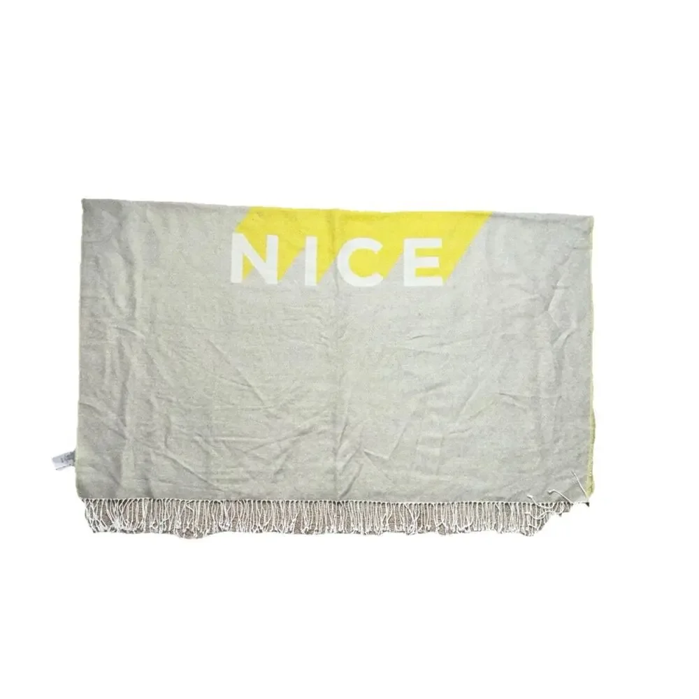 West Elm 'Nice' Throw Blanket Accent Quilt Gray Green-Yellow Fringe Slogan Soft